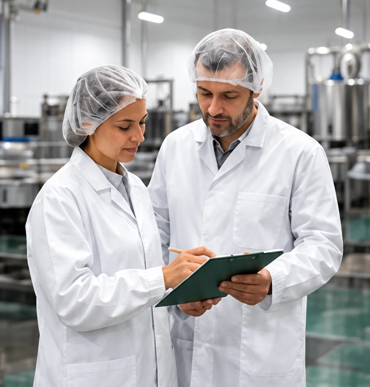 To kvalitetsmedarbejdere gennemgår produktionsdokumentation